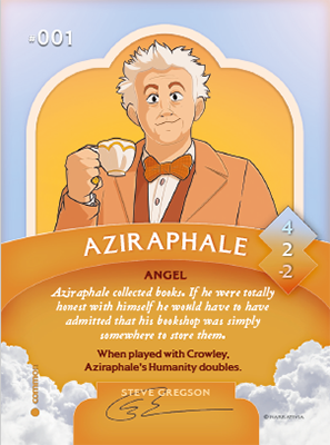 Trading card featuring Aziraphale. illustrated by Steve Gregson.