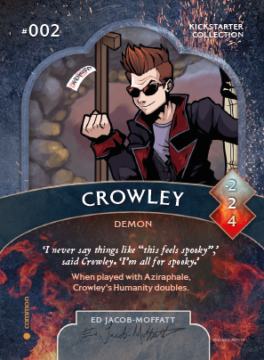 A trading card of Crowley featuring artwork by Ed Jacob-Moffatt.