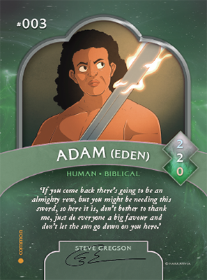 Trading card featuring Adam, as illustrated by Steve Gregson.