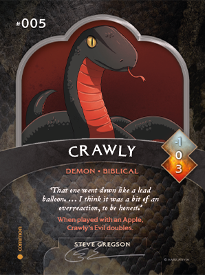 Trading card featuring Crawly, illustrated by Steve Gregson.