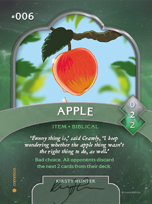 Trading card featuring an apple. illustrated by Steve Gregson.