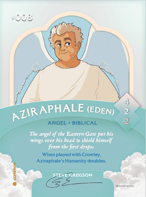 Trading card featuring Aziraphale, illustrated by Steve Gregson.
