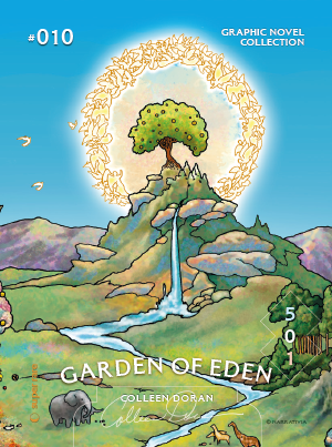 Trading card of the Garden of Eden, featuring artwork by Colleen Doran.