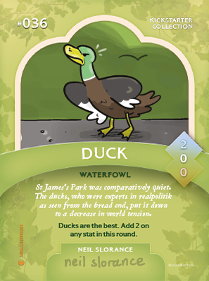 Trading card featuring a duck, as illustrated by Neil Slorance.