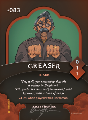 Trading card featuring Greaser, as illustrated by Kirsty Hunter.