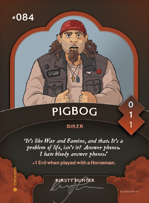 Trading card featuring Pigbog, as illustrated by Kirsty Hunter.