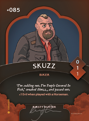 Trading card featuring Skuzz, as illustrated by Kirsty Hunter.