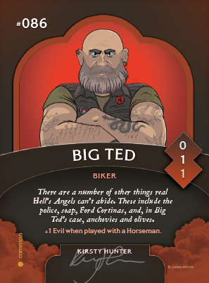 Trading card featuring Big Ted, as illustrated by Kirsty Hunter.