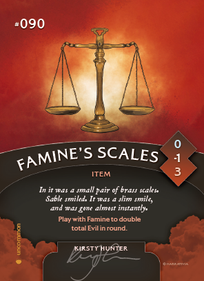 Trading card featuring Famine's Scales, as illustrated by Kirsty Hunter.