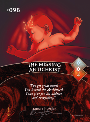 Trading card featuring the Missing Antichrist, as illustrated by Kirsty Hunter.