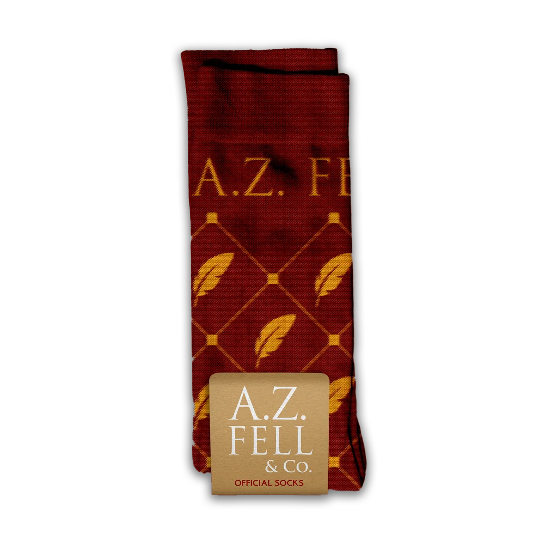 Maroon socks with gold pattern and 'A.Z. Fell & Co' label on a white background