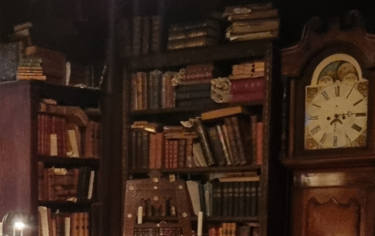 A photograph of the bookshelves in Aziraphale's bookshop.