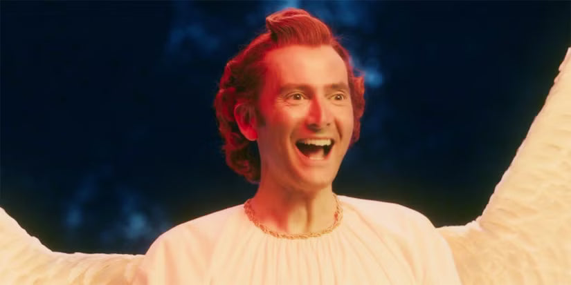 Excited, angelic Crowley as seen in Good Omens Season 2.