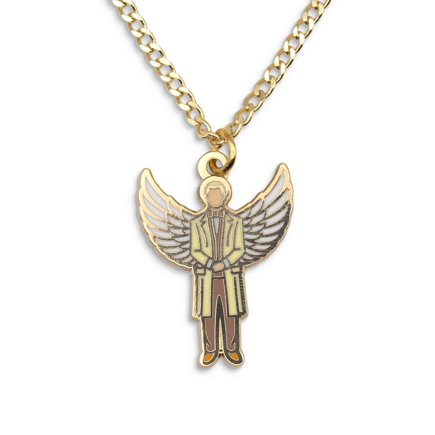 A golden Aziraphale pendant.