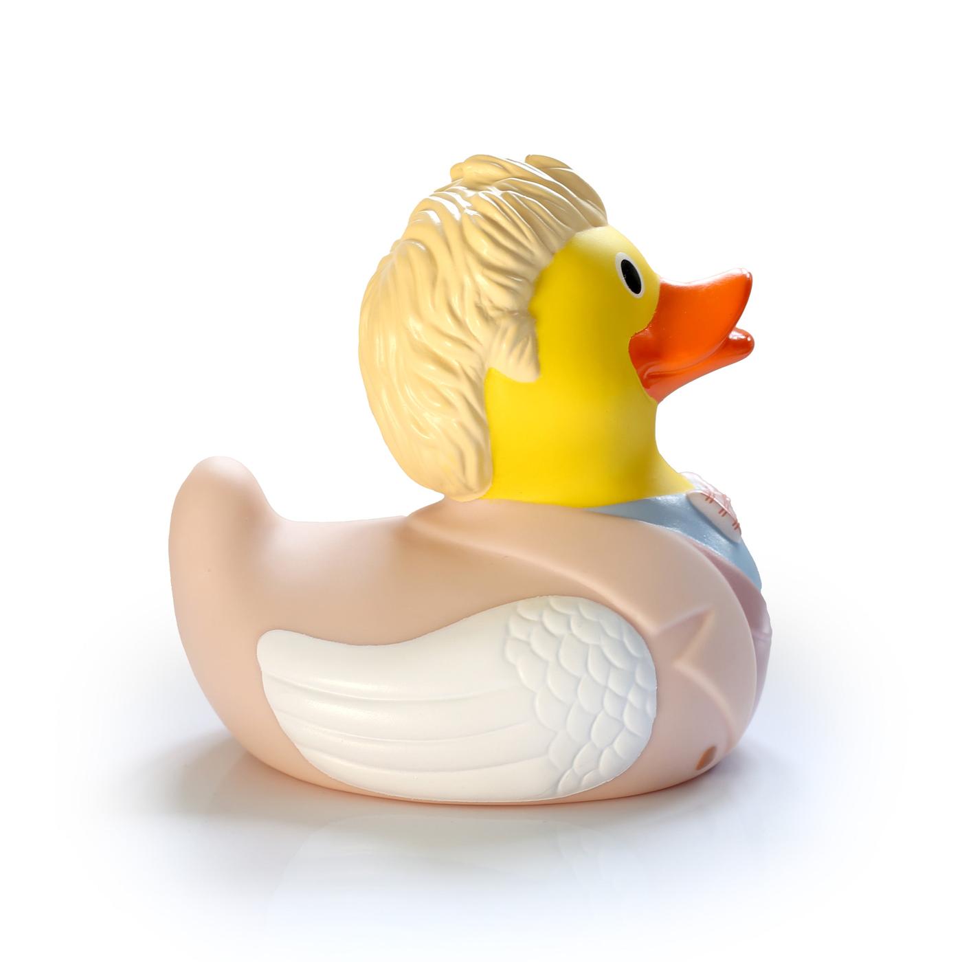 Aziraphale themed rubber duck, side on.