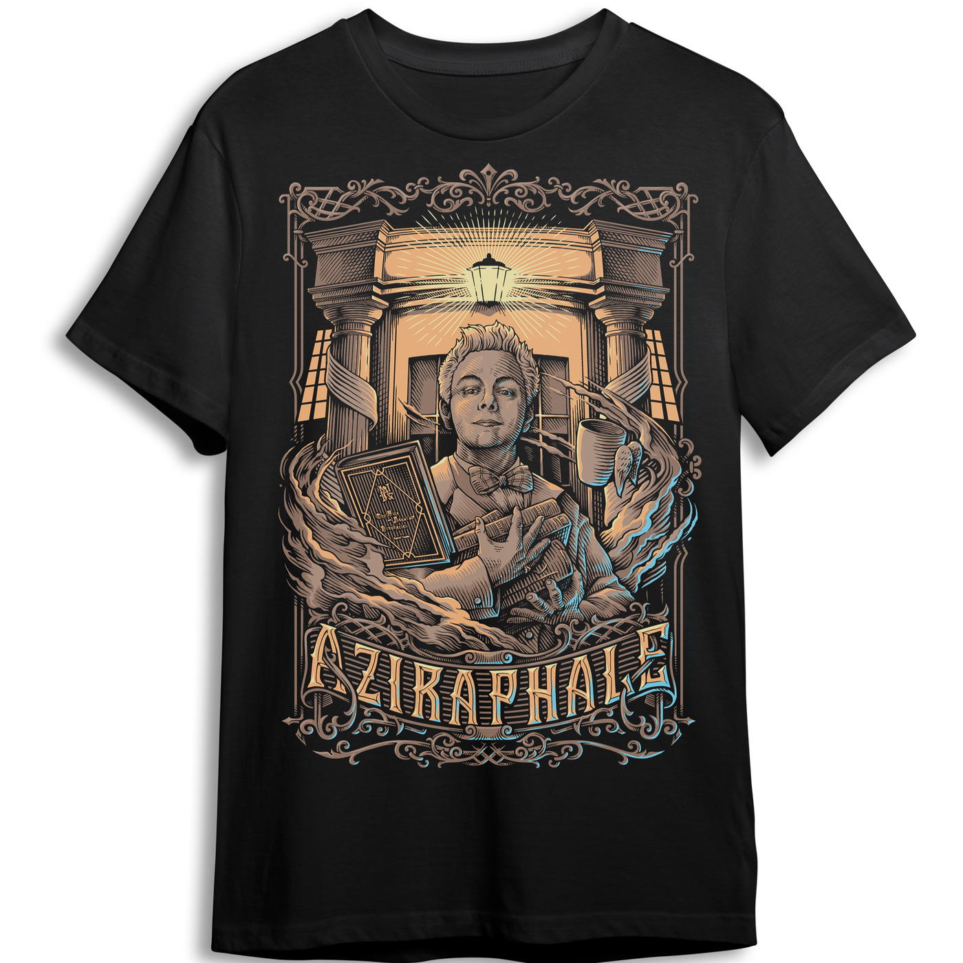 Black t-shirt featuring an illustration of Aziraphale.