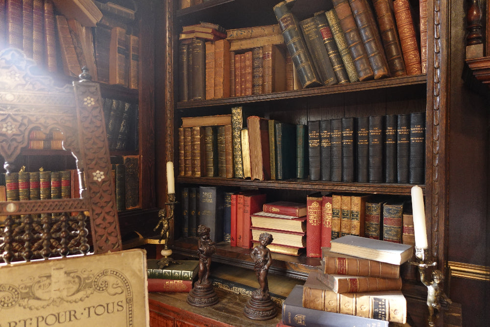 Photograph of bookshelves in Aziraphale's bookshop.