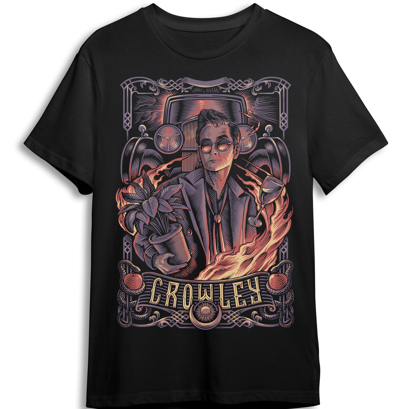 A black t-shirt featuring an illustration of Crowley, holding a plant, surrounded by flames and standing in front of his Bentley.
