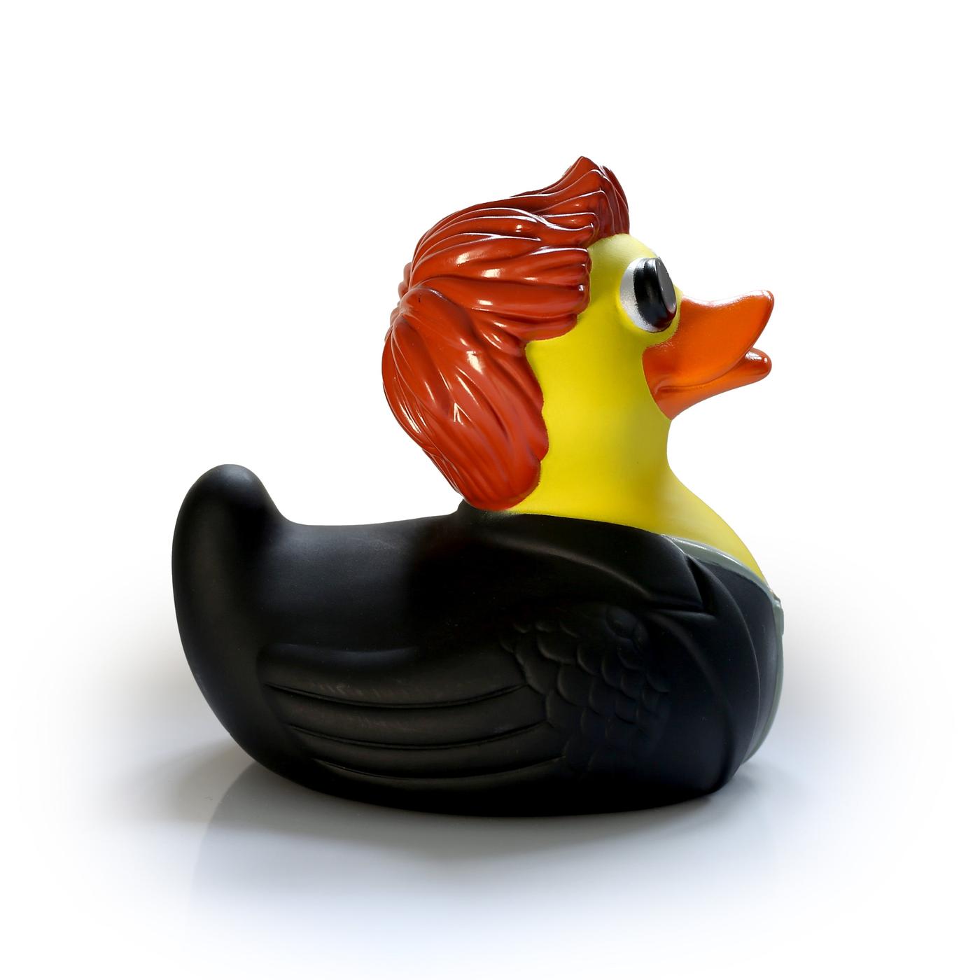 Crowley themed rubber duck, side on.