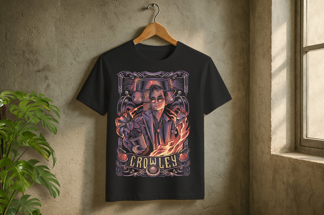 Crowley t-shirt mock up hung up on a wall.
