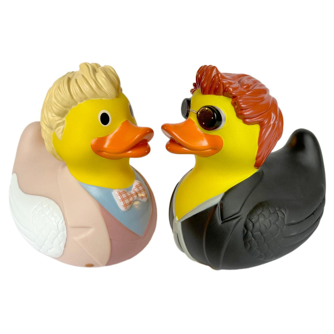 Aziraphale and Crowley themed rubber ducks.