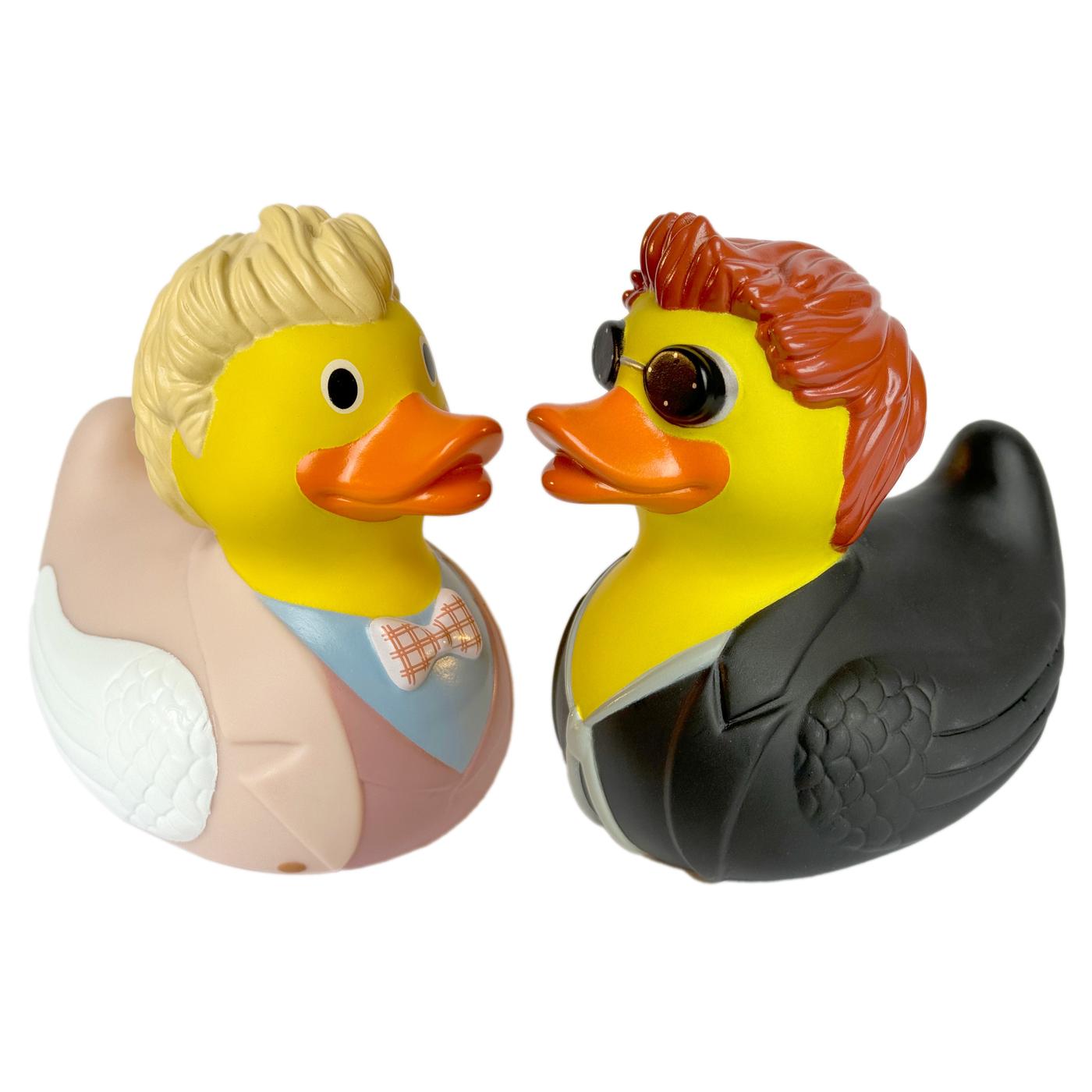Aziraphale and Crowley themed rubber ducks.