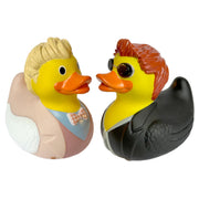 Aziraphale and Crowley themed rubber ducks.