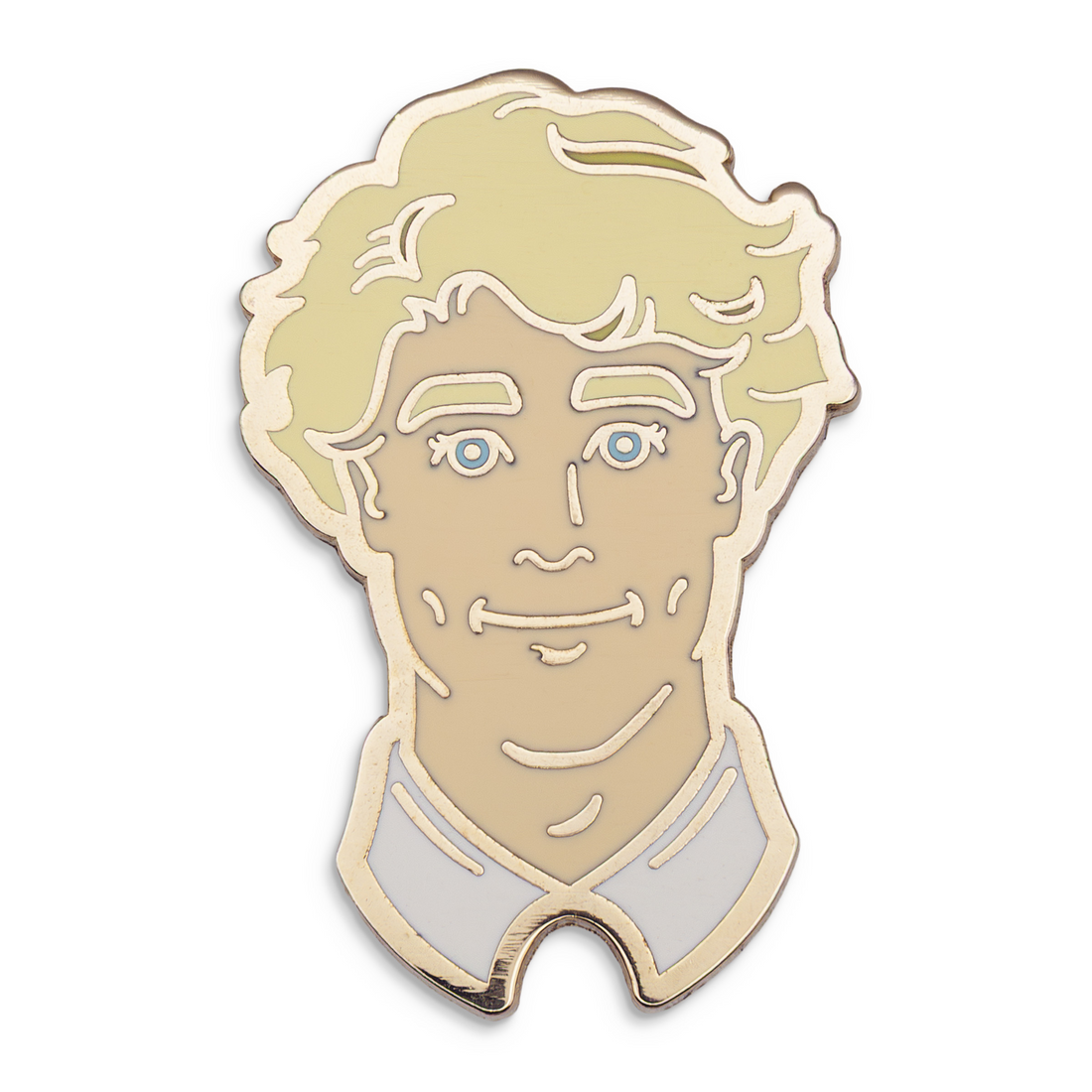 Photograph of a Good Omens enamel pin:  Aziraphale.