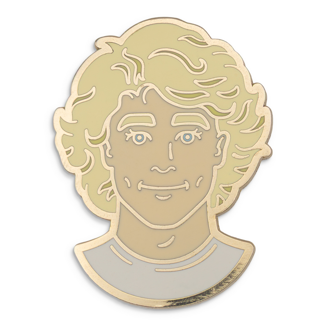 Photograph of a Good Omens enamel pin:  Aziraphale.