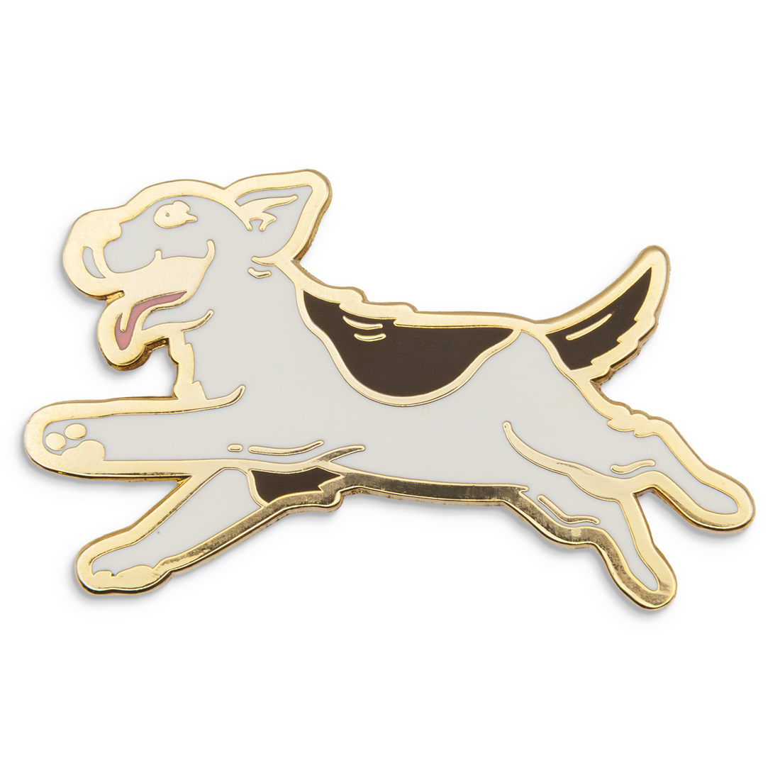 Photograph of a Good Omens enamel pin: Dog, as illustrated by Colleen Doran.