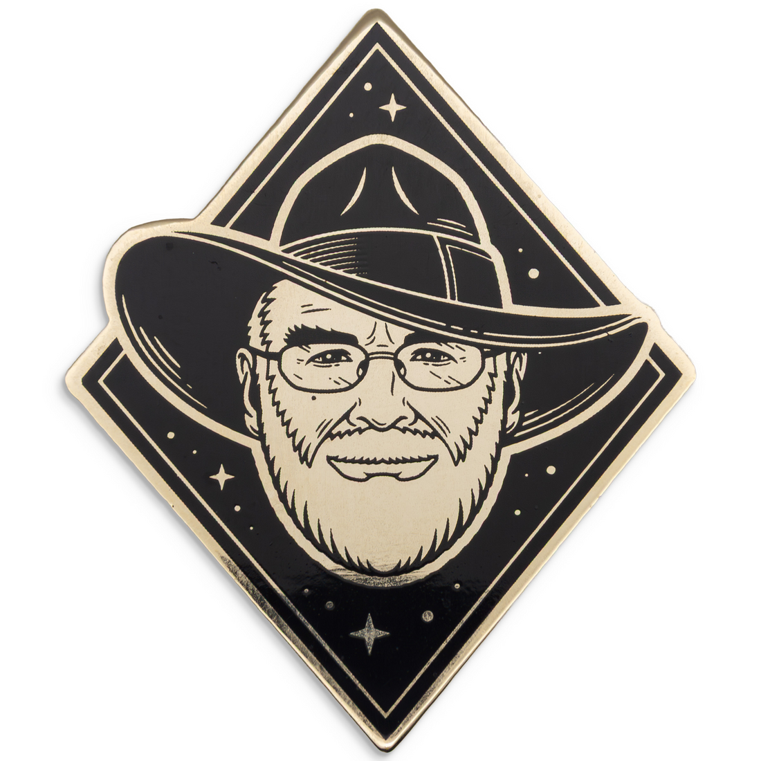 Photograph of a Good Omens enamel pin: Terry Pratchett.