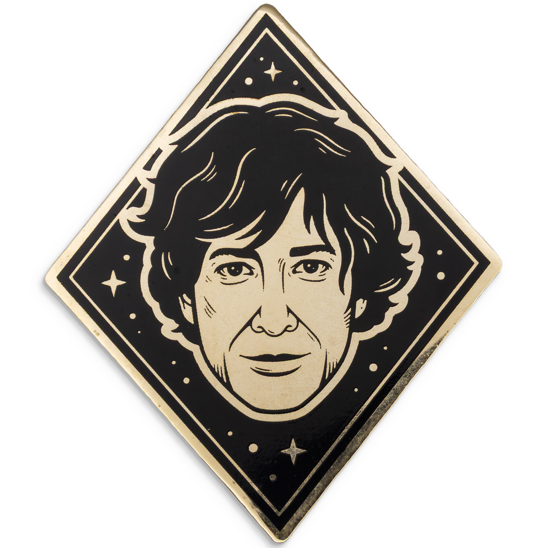 Photograph of a Good Omens enamel pin:  Neil Gaiman.