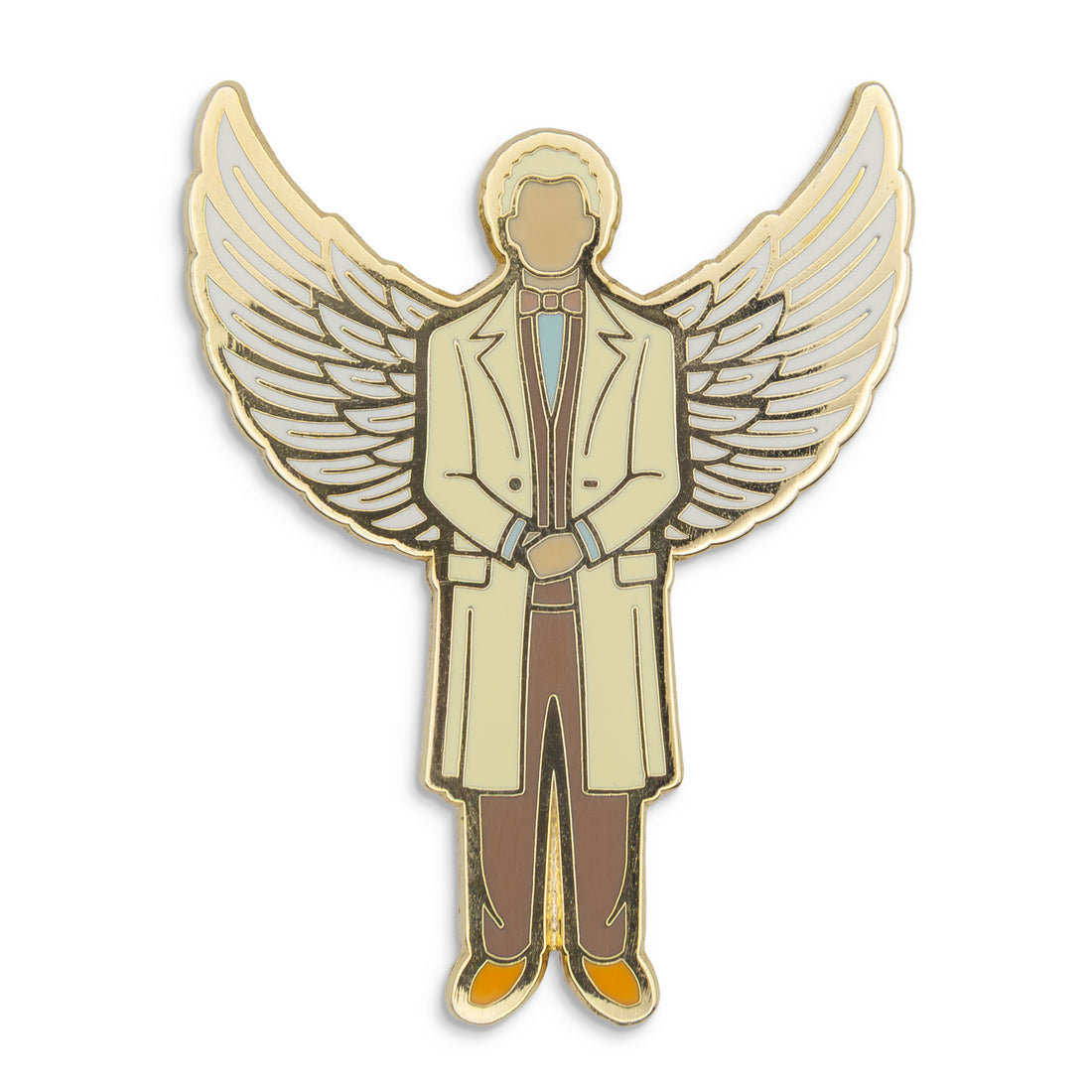 Photograph of a Good Omens enamel pin: Aziraphale with white wings.