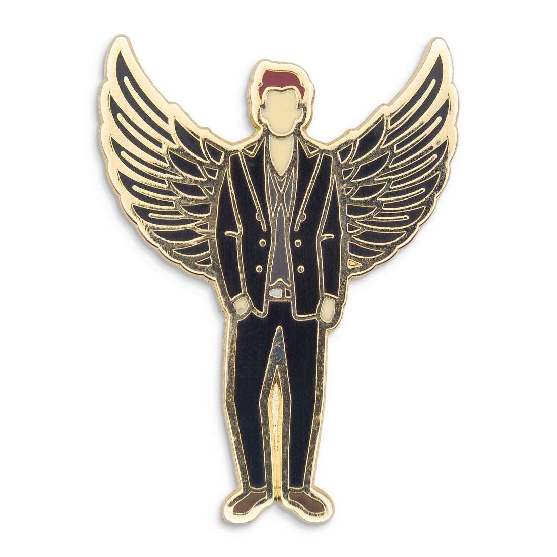 Photograph of a Good Omens enamel pin:  Crowley with black wings.