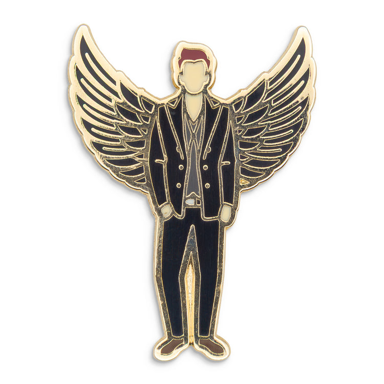 Photograph of a Good Omens enamel pin:  Crowley with black wings.