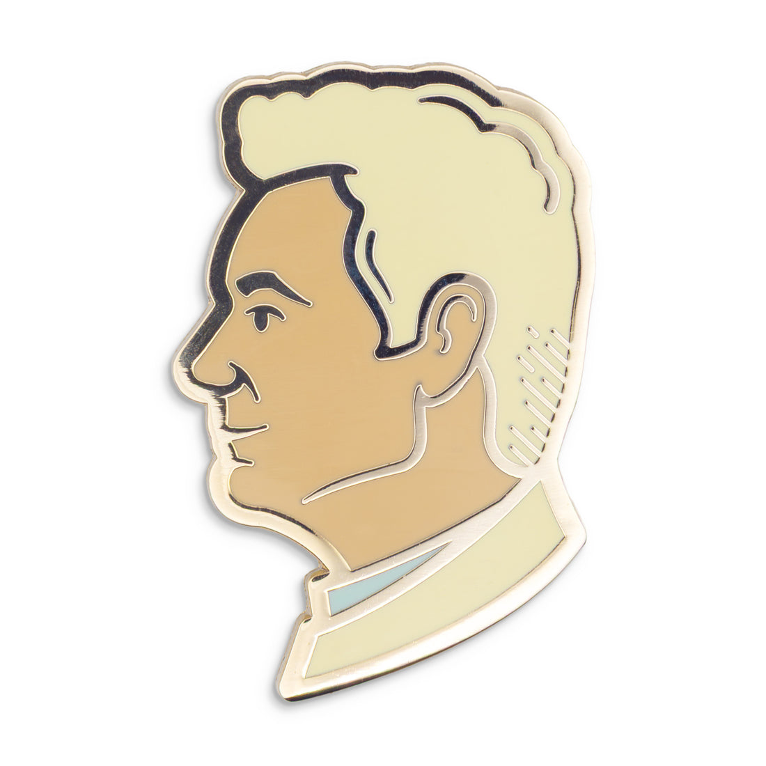 Photograph of a Good Omens enamel pin: Aziraphale, based on Michael Sheen's likeness, in profile.