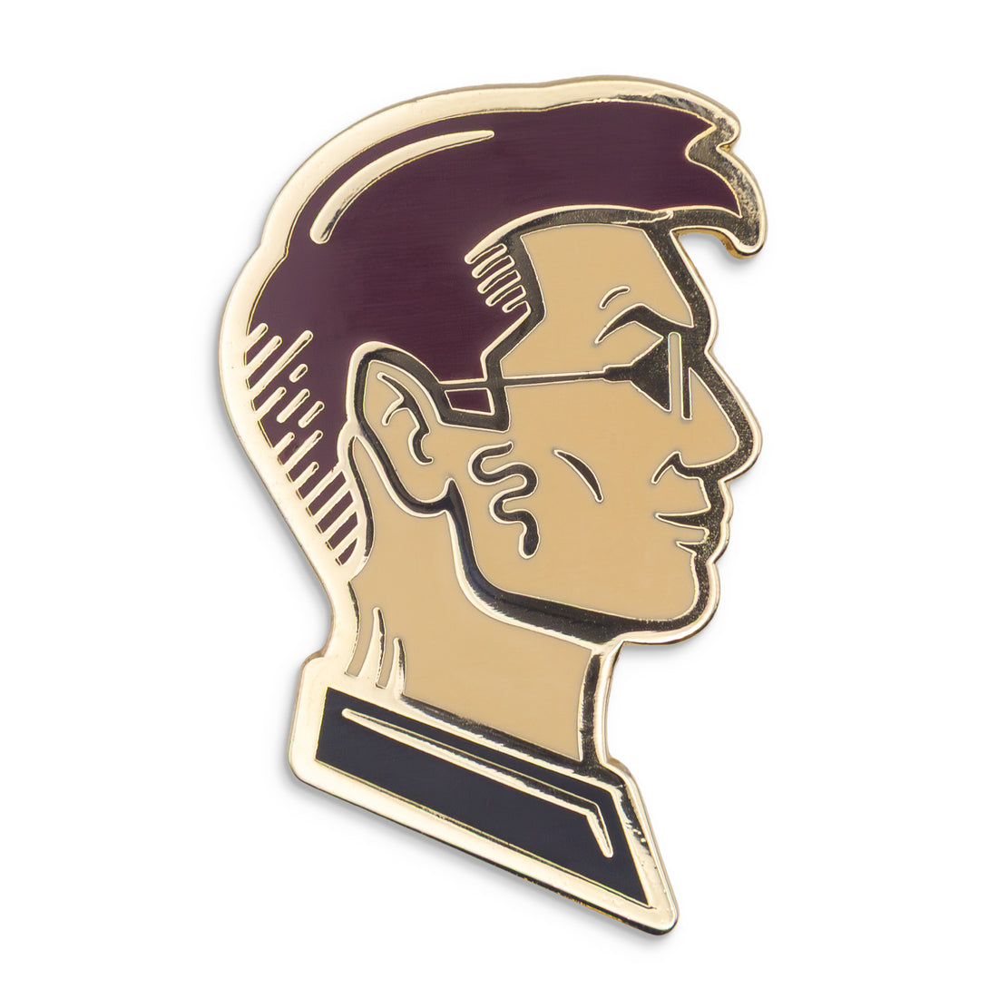 Photograph of a Good Omens enamel pin: Crowley, based on David Tennant's likeness, in profile.
