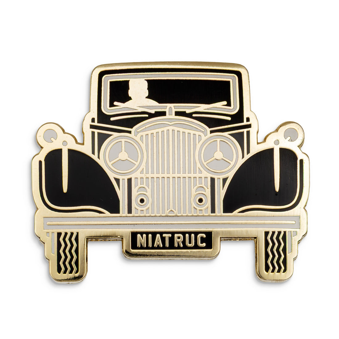 Photograph of a Good Omens enamel pin: Bentley