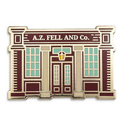 Photograph of a Good Omens enamel pin: Aziraphale's bookshop