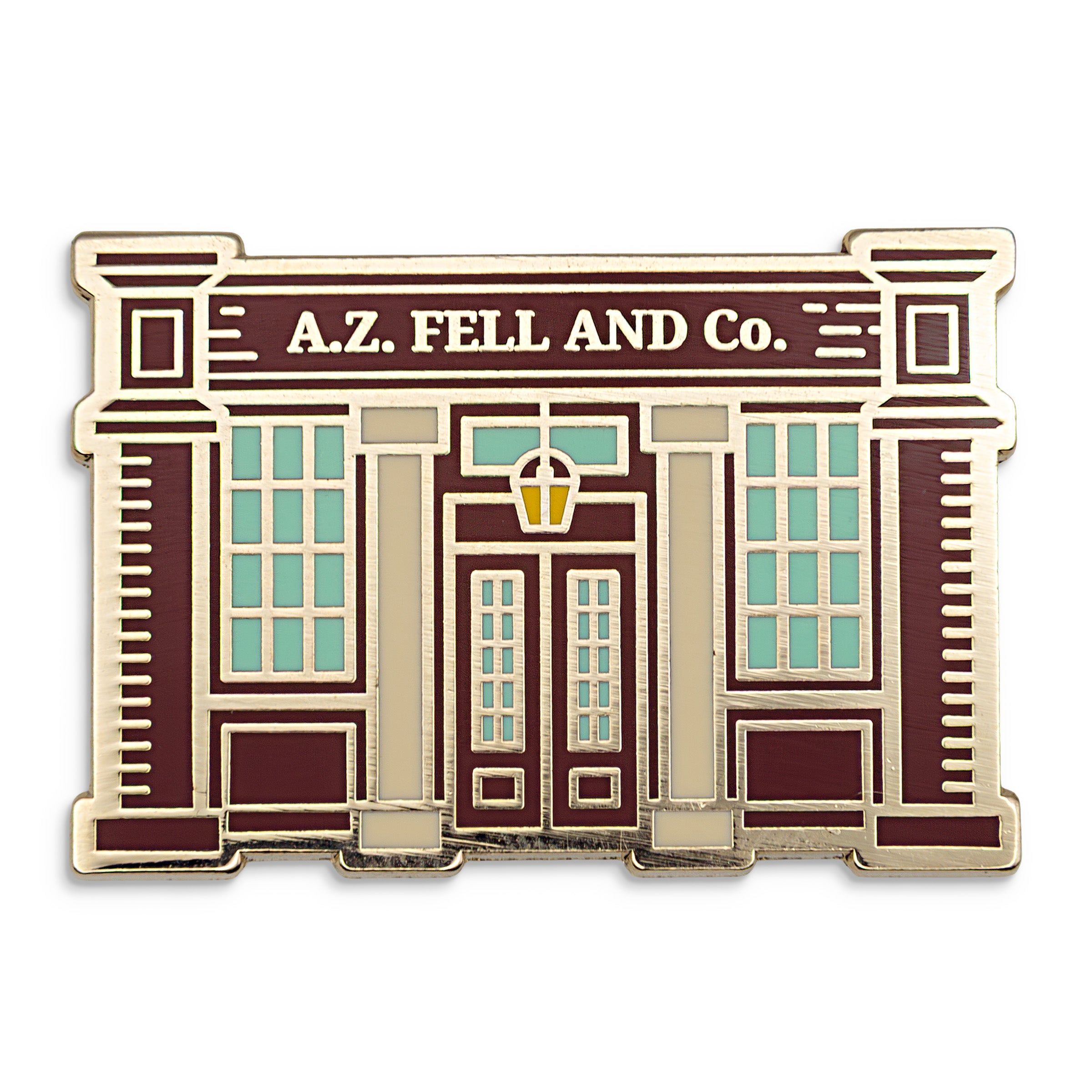 Photograph of a Good Omens enamel pin: Aziraphale's bookshop
