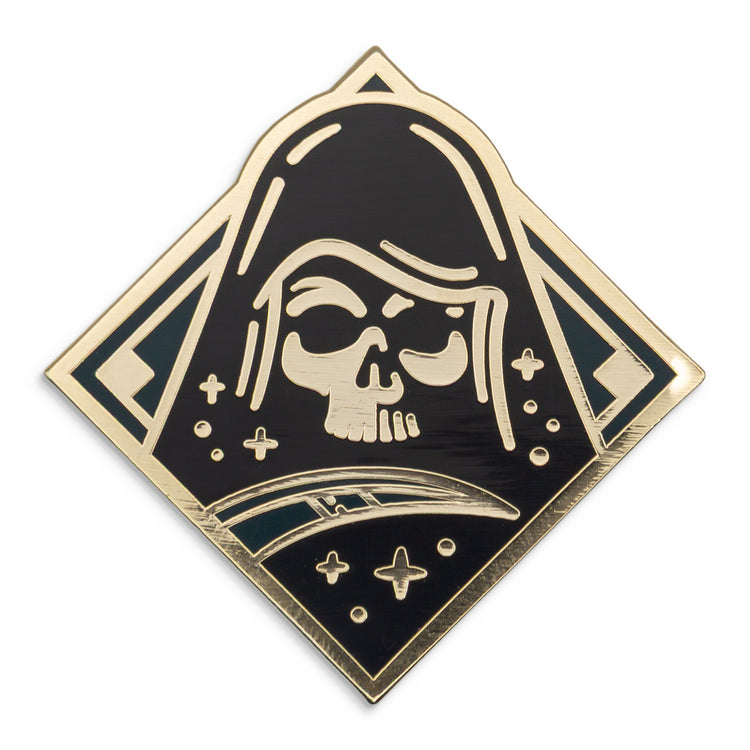 Photograph of a Good Omens enamel pin:  Death.