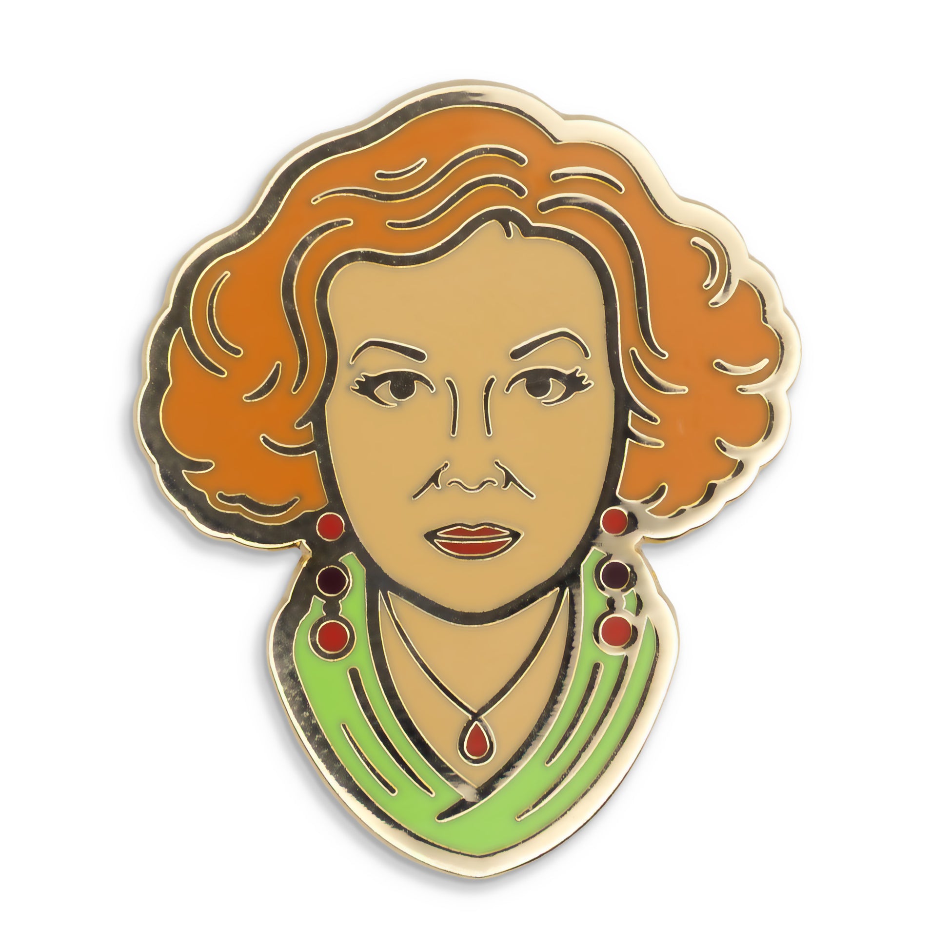 Photograph of a Good Omens enamel pin: Madame Tracy