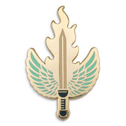 Photograph of a Good Omens enamel pin:  Flaming Sword.