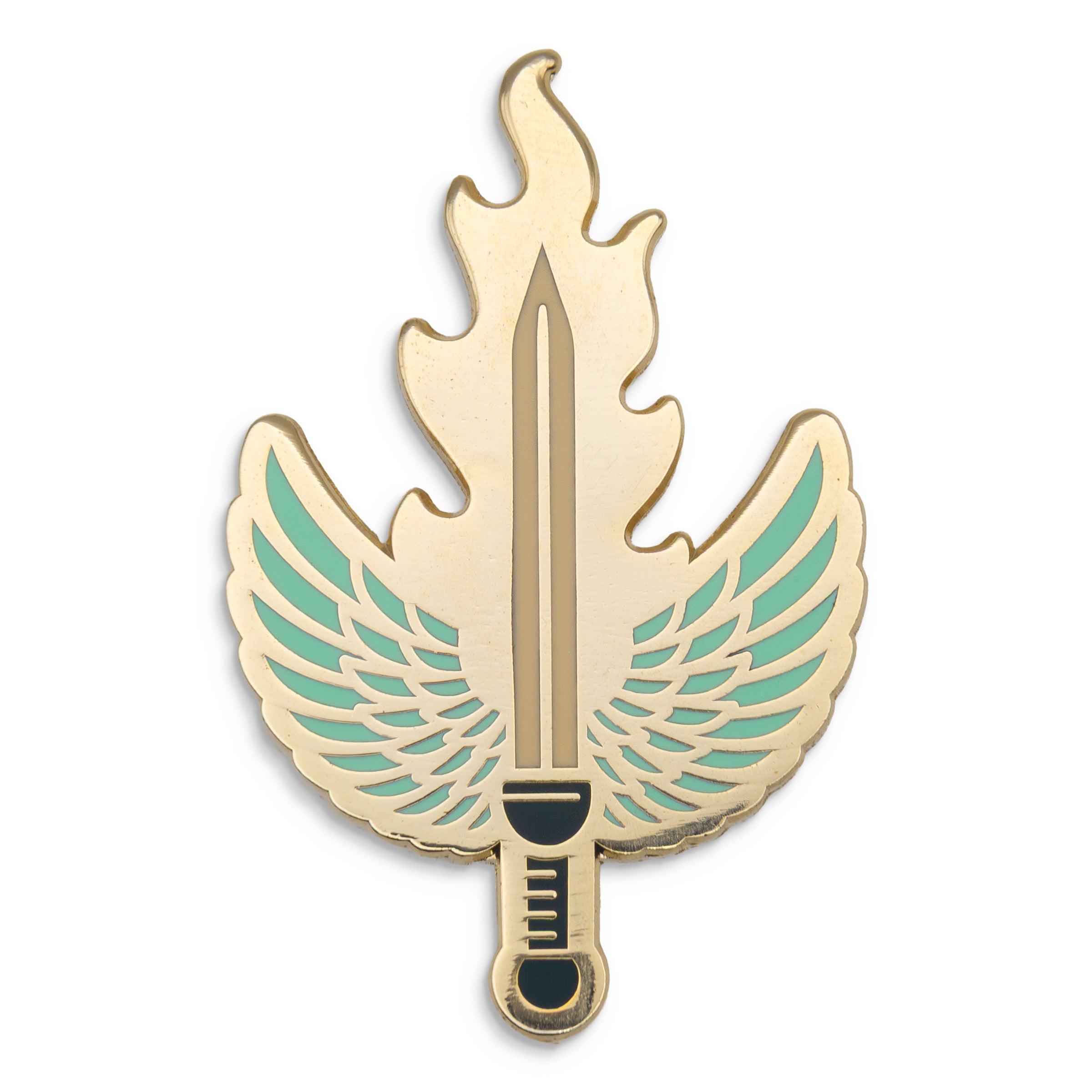 Photograph of a Good Omens enamel pin:  Flaming Sword.