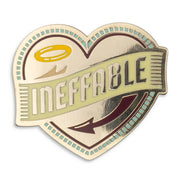 Photograph of a Good Omens enamel pin:  Ineffable, on a love heart.