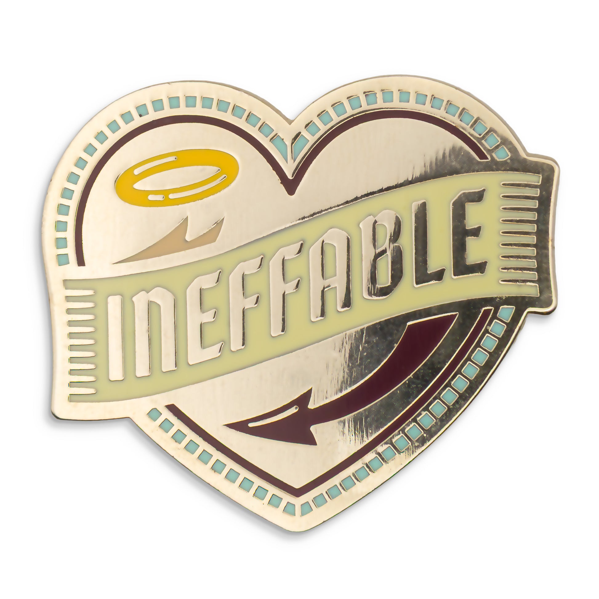Photograph of a Good Omens enamel pin:  Ineffable, on a love heart.