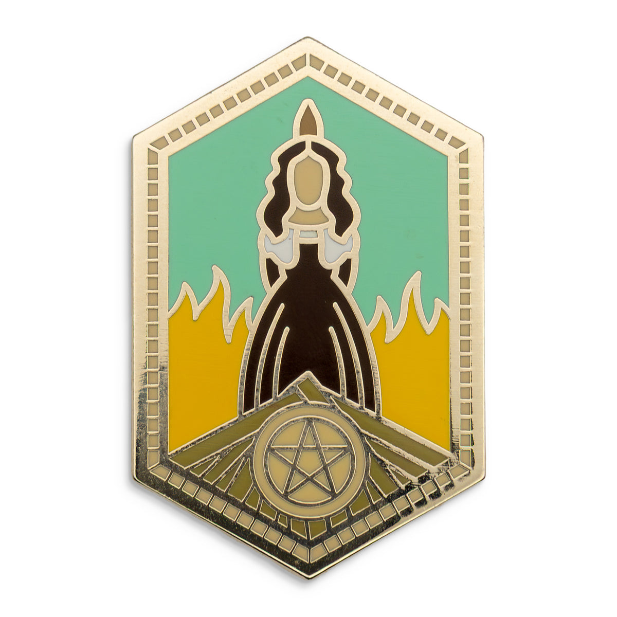 Photograph of a Good Omens enamel pin:  Agnes Nutter.