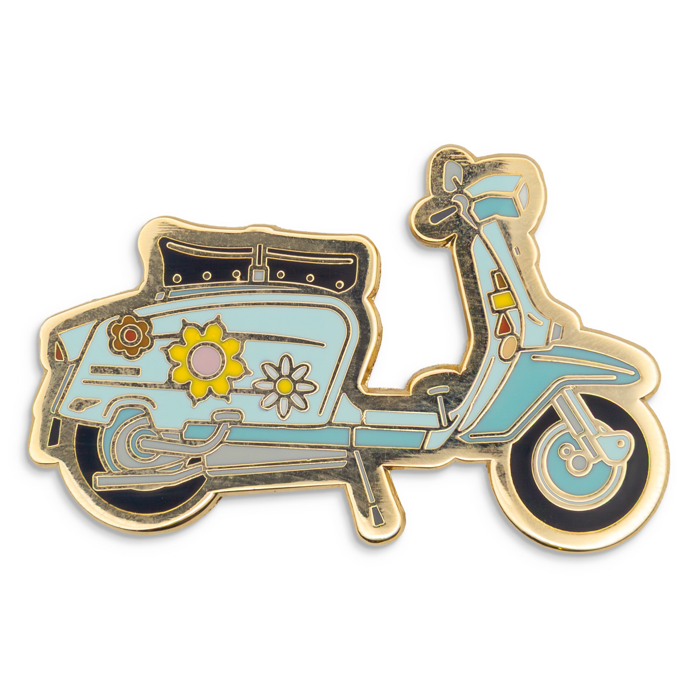 Photograph of a Good Omens enamel pin:  Scooter