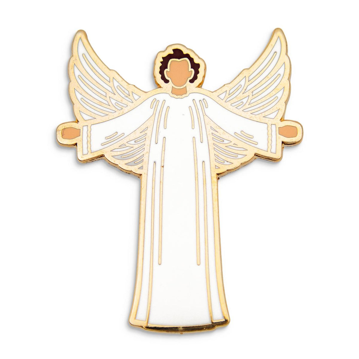 Photograph of a Good Omens enamel pin: Angelic Crowley