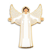 Photograph of a Good Omens enamel pin: Angelic Crowley
